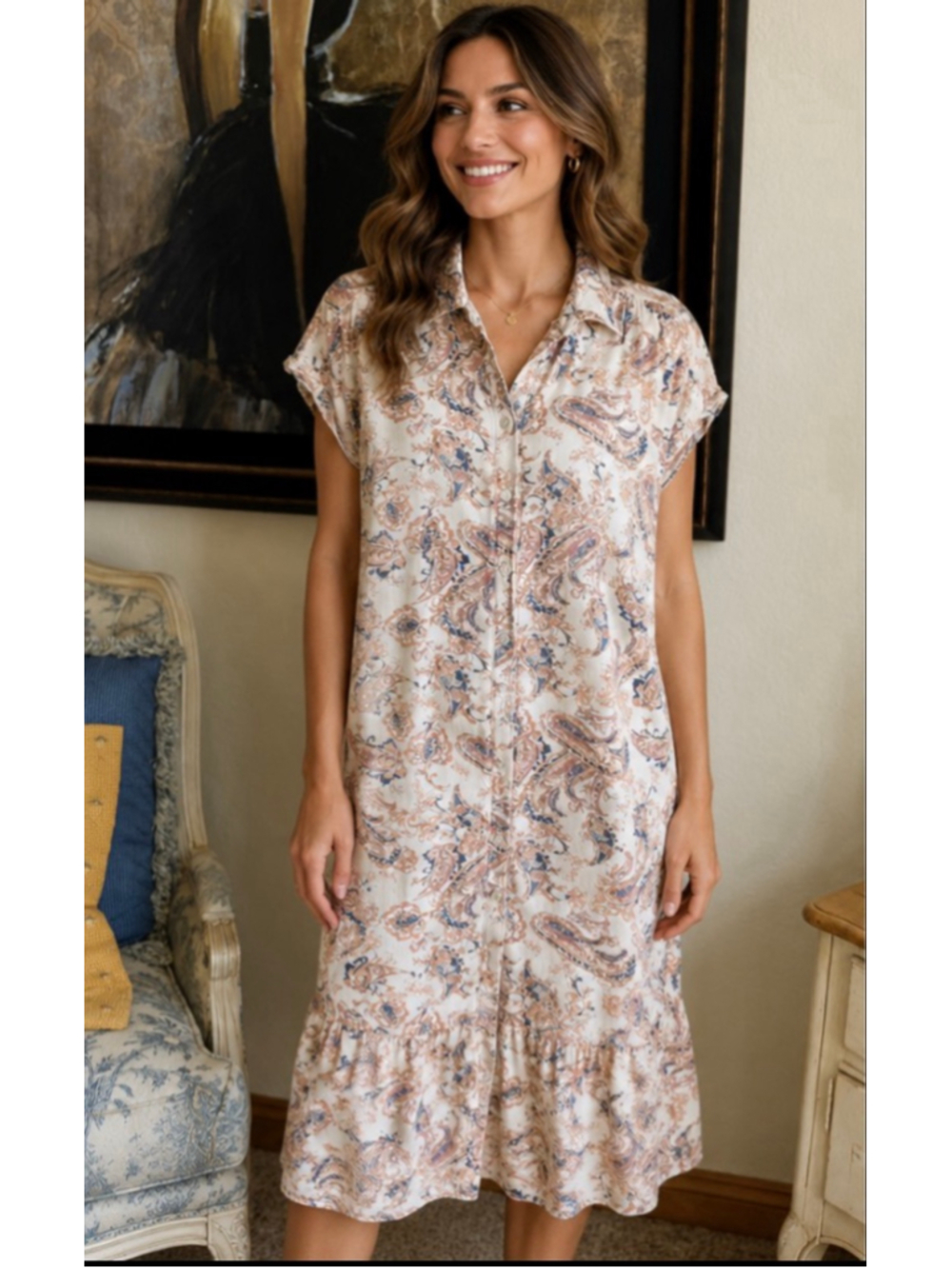 NWT Lucky Brand Paisley Midi Dress M Beige Blue - Picture 2 of 12